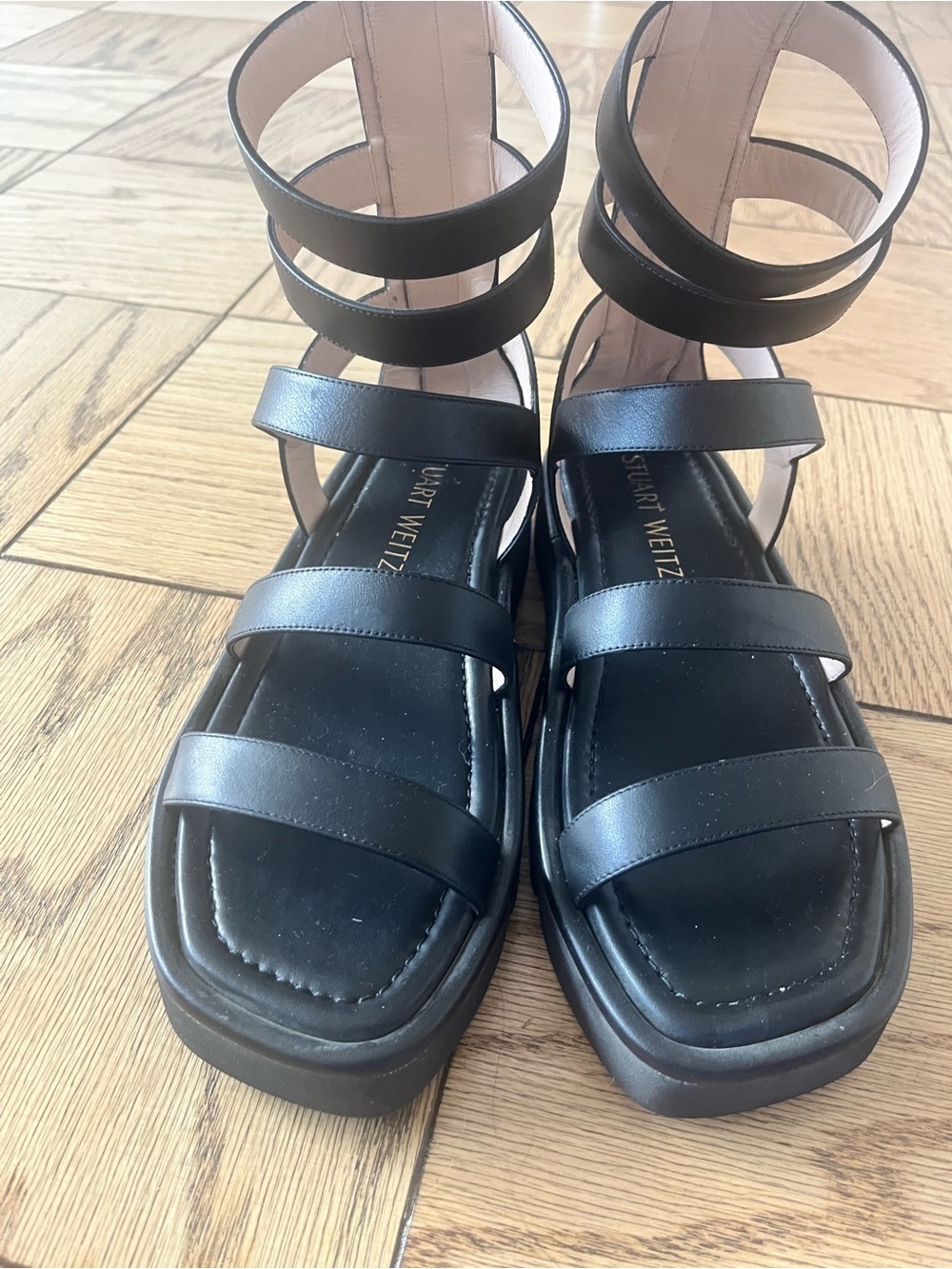 Stuart Weitzman Gala Lift Tall Black Leather Gladiator Sandal Size 9.5 - Picture 10 of 14